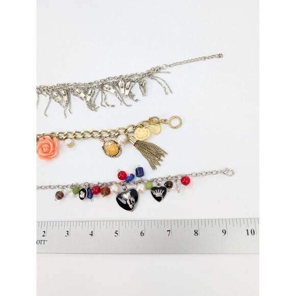 Set of 3 Charm Bracelet Zip Motif Heart Faux Pearl Flower Beads Retro Y2K Whimsy - Picture 11 of 12